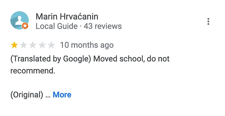 Screenshots of one star reviews of the school from Google Maps