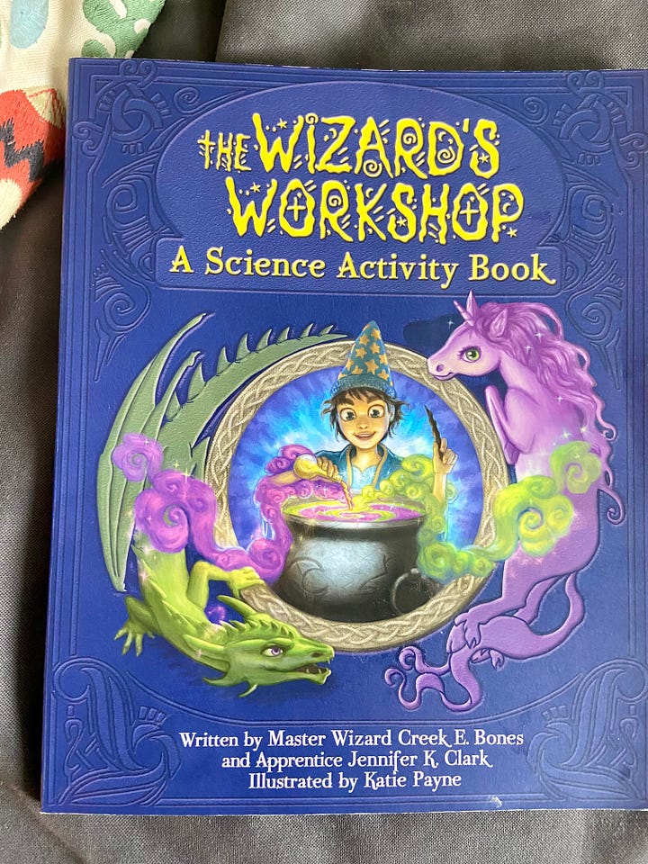 4 images: The cover of Wizards Workshop Science Activity Book, a recipe for Bogeyman Bomb Bag from the book; the cover of "A Field Guide to Fantastical Beasts."; A seal set with a Hogwarts seal.