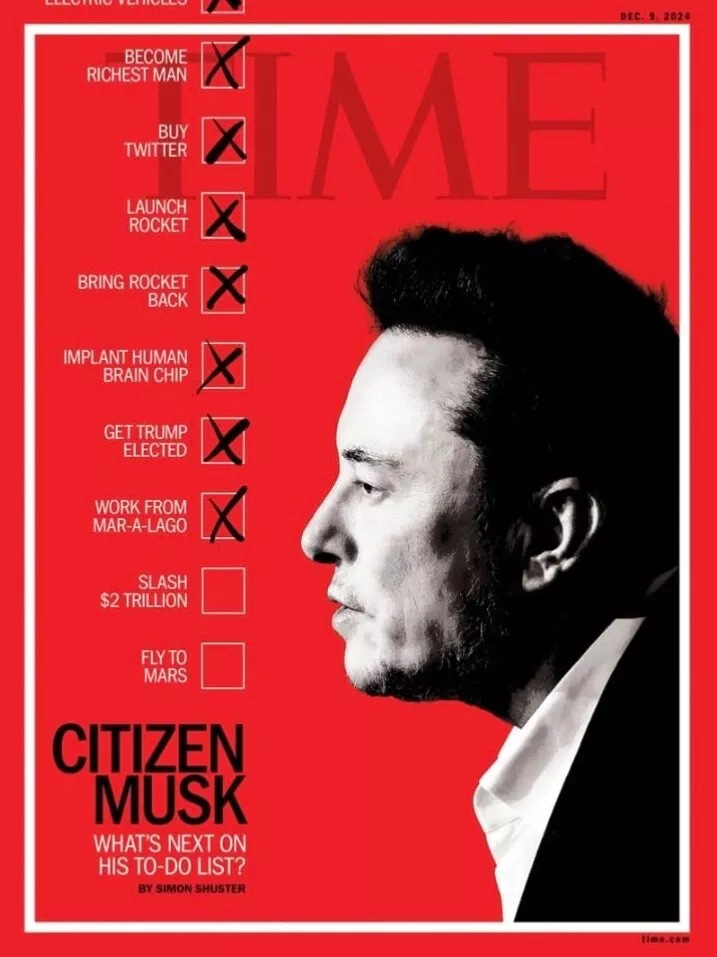 Time Magazine December 2024 issue cover featuring Elon Musk and a checklist of accomplishments and The Economist cover with a smiling laughing Elon Musk with the words "Disrupter in chief"