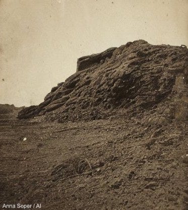 Two AI-generated images depicting sepia-toned landscapes in the style of early photography.