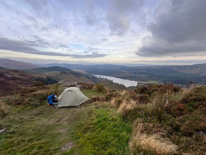 A few photographs from the the top of Ben A’an. The large loch is Loch Katrine and the smaller one behind the tent is Loch Achray.