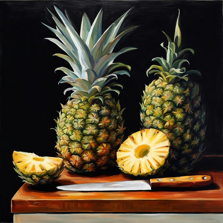 Comparison of SDXL and MJ results for a still life painting of a pineapple on a cutting board