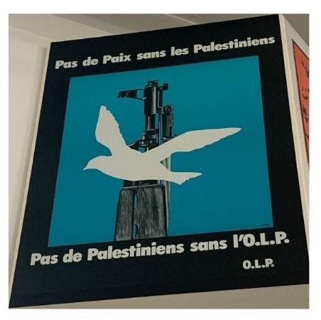 Posters in support of anti-apartheid and Free Palestine struggles. Top left: a black poster border with a blue square, with a bug and a white dove of peace overlaid. The text says: "Pas de Paix sans les Palestiniens. Pas de Palestiniens sand l'O.L.P". Top right: a red African continent with a Black man peering through the Cape geographic area. Text: "End Aparthid. South Africa must be free now. Divest now". Bottom left: A black and white photo of a line of freedom fighters wearing keffiyehs. Text: Forward to Palestine not backward to settlement". Bottom right: Black and white photos of women overlaid on text. Headline: "Women unite against apartheid".