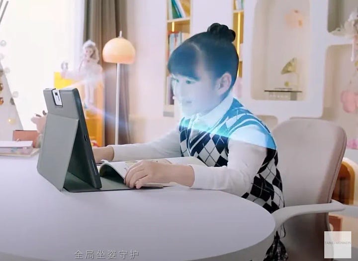 Left: a young Chinese girl sits slouched in front of a tablet that appears to be scanning her with a blue light. On the right, she sits up straight with a smile.
