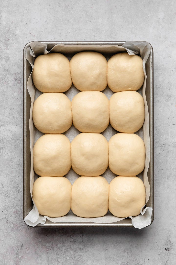 Gallery of stages of making vegan maple-glazed brioche buns seen from above