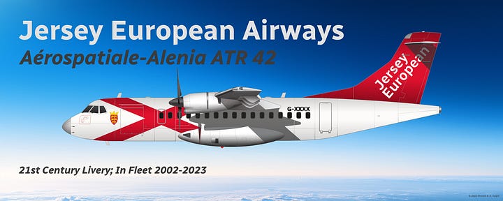 Jersey European Airways passenger fleet at end of 2002: 1) Avro RJ85, 2) ATR 72, 3) ATR 42, and 4) Dornier 228 - all seen in current livery, all shown in side view.