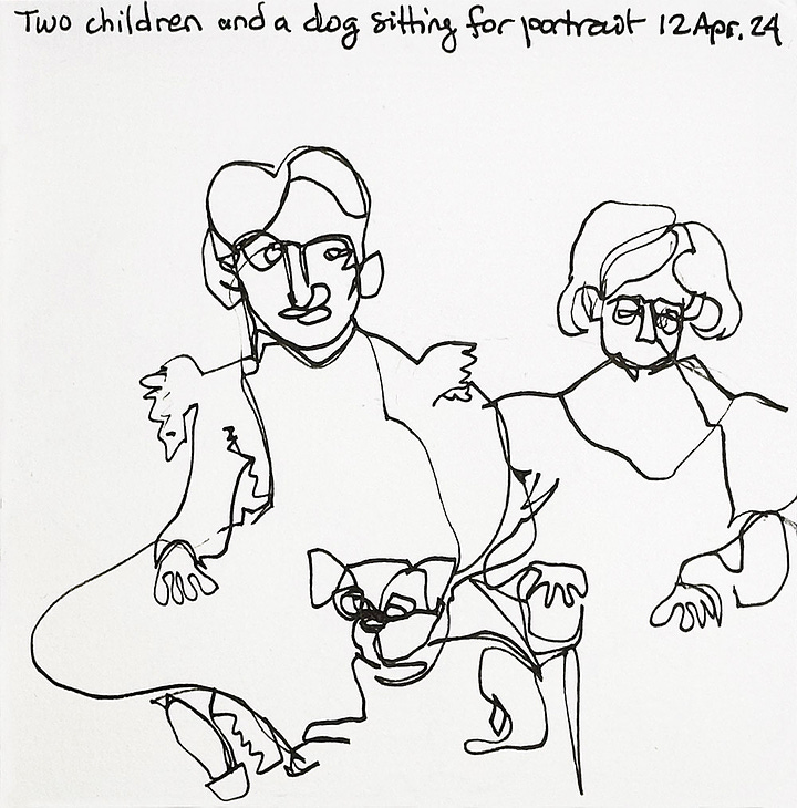 Two contour line drawings made from an antique studio portrait of two young children and their dog.