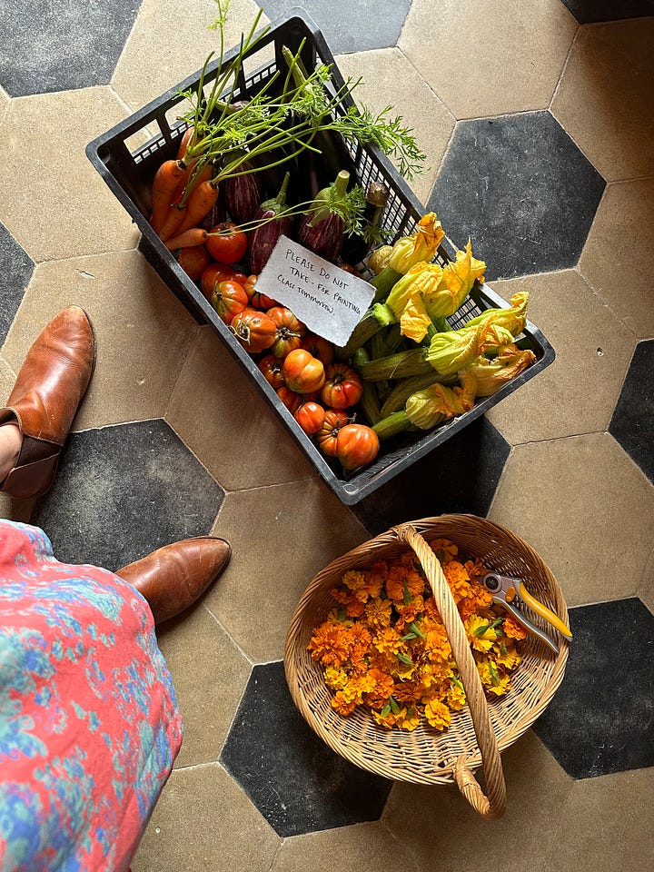 4 images, the top left shows foraged vegetables and marigolds from the gardens sitting in baskets on the old tiled floor. The other three images show tables of students working away on their paintings. 2 of the photos show them working at the villa with stone walls, and the enoteca also has arched stone walls. 