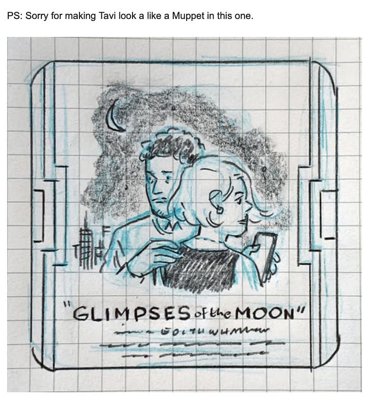 Hand drawn illustrations, sketched in shades of blue and gray. The images depict a woman and man with a crescent moon and city skyline in the background. The woman, facing to the left, holds a smartphone in her hand, while the man looks forward. Text below the figures reads “the GLIMPSES of the MOON” below that, in smaller print, “EDITH WHARTON.” 