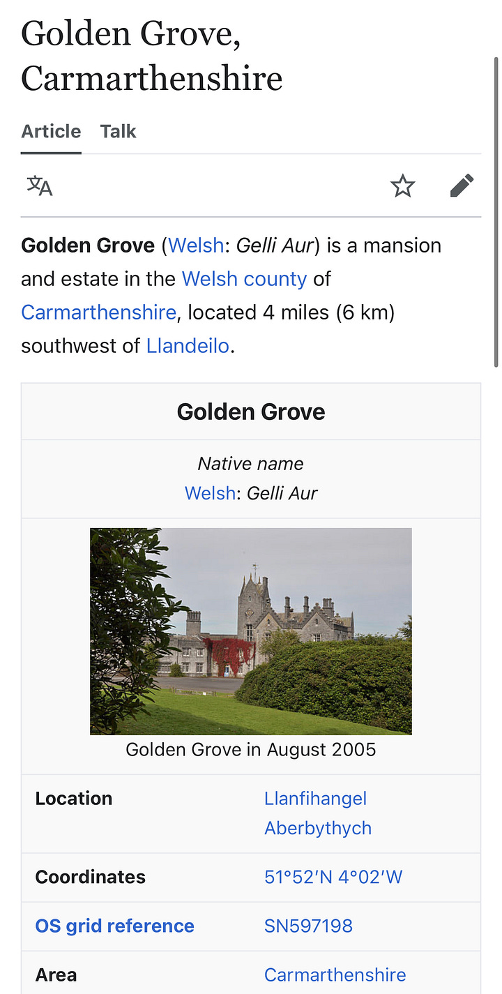 Wikipedia on Jeremy Taylor and Golden Grove