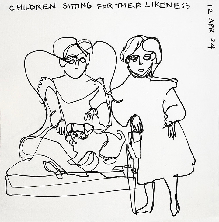 Two contour line drawings made from an antique studio portrait of two young children and their dog. The drawing on the let shows only the young girl