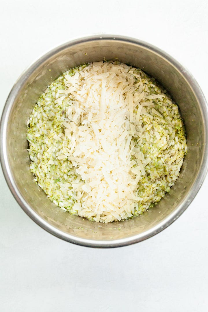 steps for making an Instant Pot broccoli risotto recipe