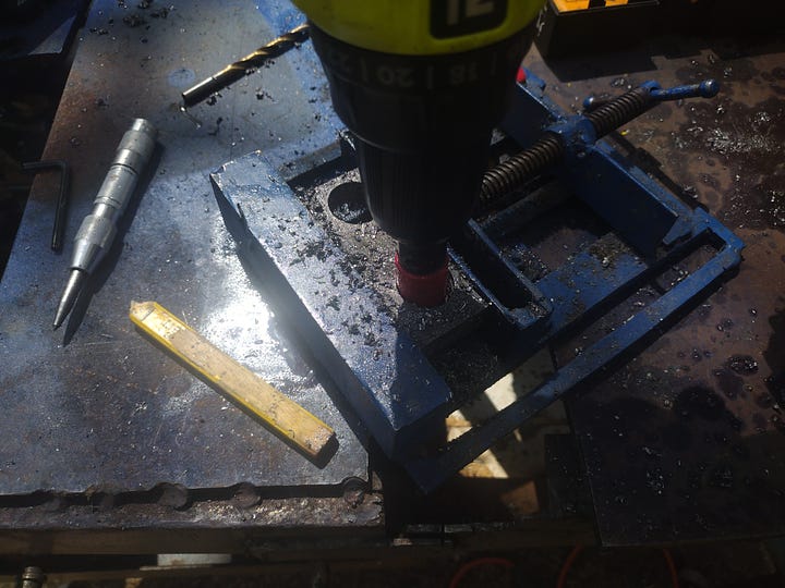 Pictures of a drill cutting holes, and the result.