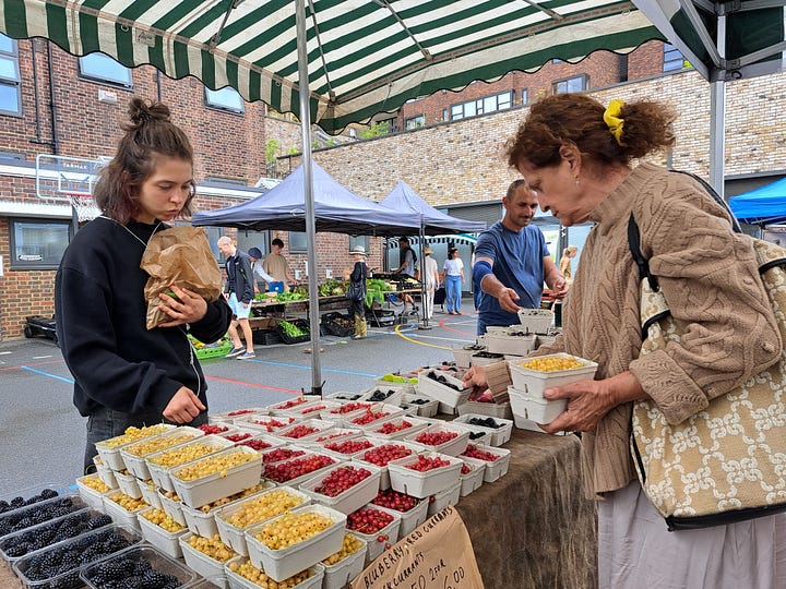 Notting Hill farmers market, cherries, sunflowers, currants, vegetables