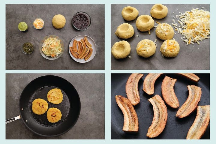 Collage of pupusa ingredients: shredded cheese, pupusa masa dough, black beans, curtido slaw, and sliced fried plantains on a gray table, plus a close up shot of the assembled pupusa with all the ingredients on top of the fried and flattened round pupusa dough