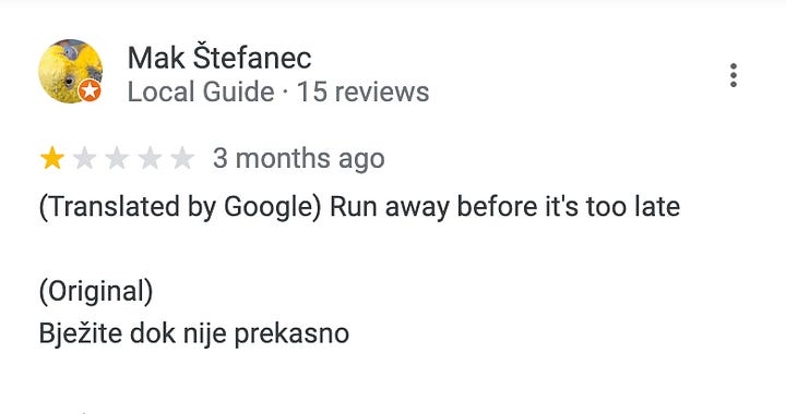 Screenshots of one star reviews of the school from Google Maps