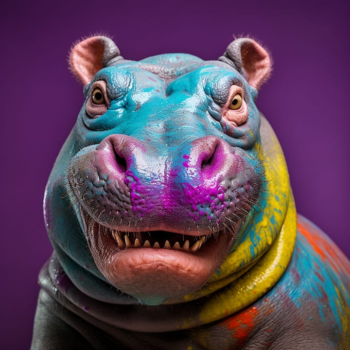 Portrait of a happy hippo without and with yellow glasses. Inpainted by Midjourney.