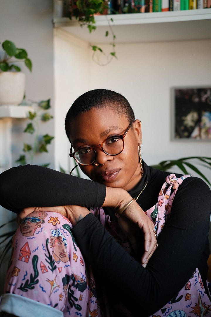 Paula Akpan and the cover image of her book, When We Ruled