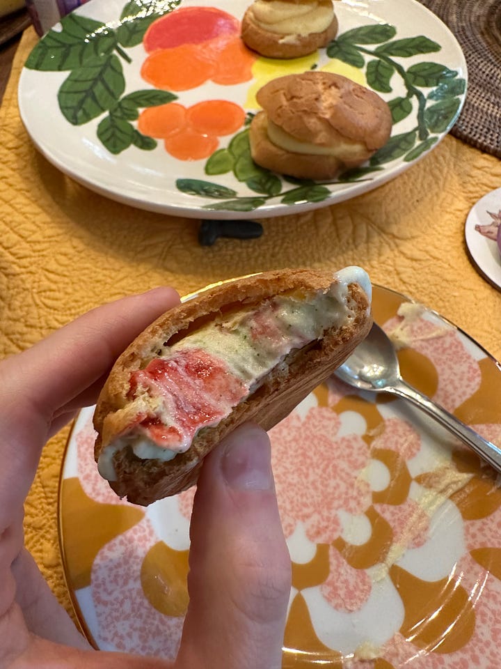 Photo of choux pastry with ice cream, grilled bread, gluten free hand pies, regular hand pies with golden plum filling.