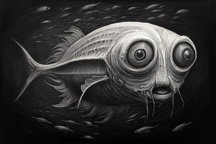 Charcoal drawing of an alien fish, made in SDXL 1.0 and Midjourney V5.2