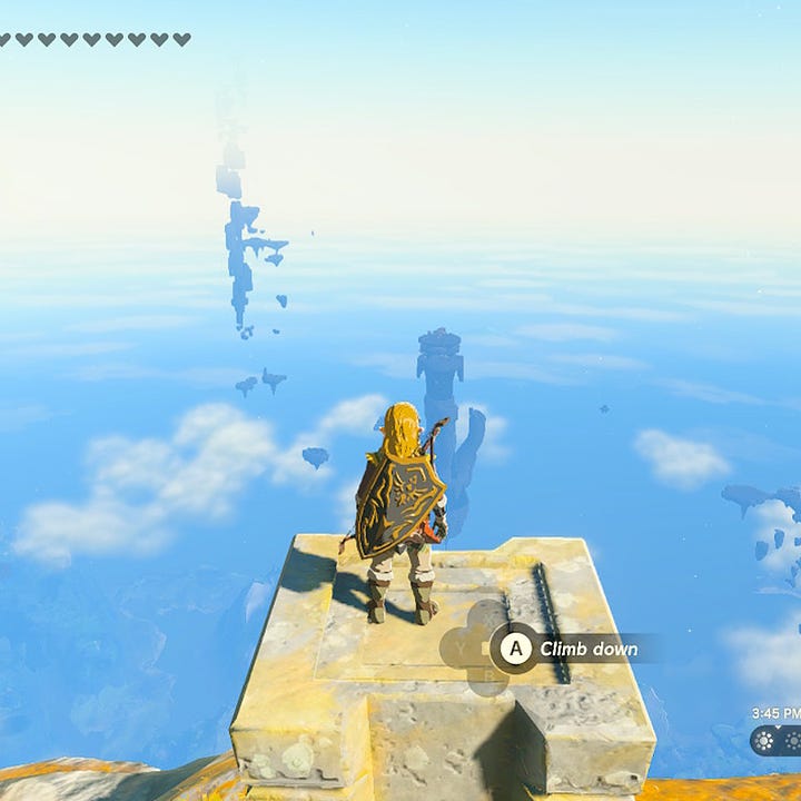 Two photos of the character Link looking over the Sky Islands from the video game The Legend of Zelda: The Tears of the Kingdom