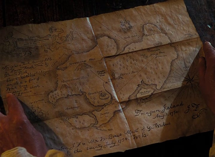 The treasure map; Dr. Livesey (Denis O'Dea), Squire Trelawney (Walter Fitzgerald), & Jim look at the map.