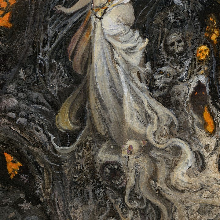 LEFT: Detail from ALL SOULS EVE featuring a redheaded posed against a dark backdrop of ghastly faces. Cobwebs stretch behind her and swirl around her upraised hand as a gray bat flies off with an "abracadabra" flourish. The sorceress is bare-chested wearing long white skirts with a red and yellow belt that dips in a V. RIGHT: Detail from ALL SOULS EVE featuring the skirts of the redheaded sorceress blending with the ghastly faces of the backdrop.