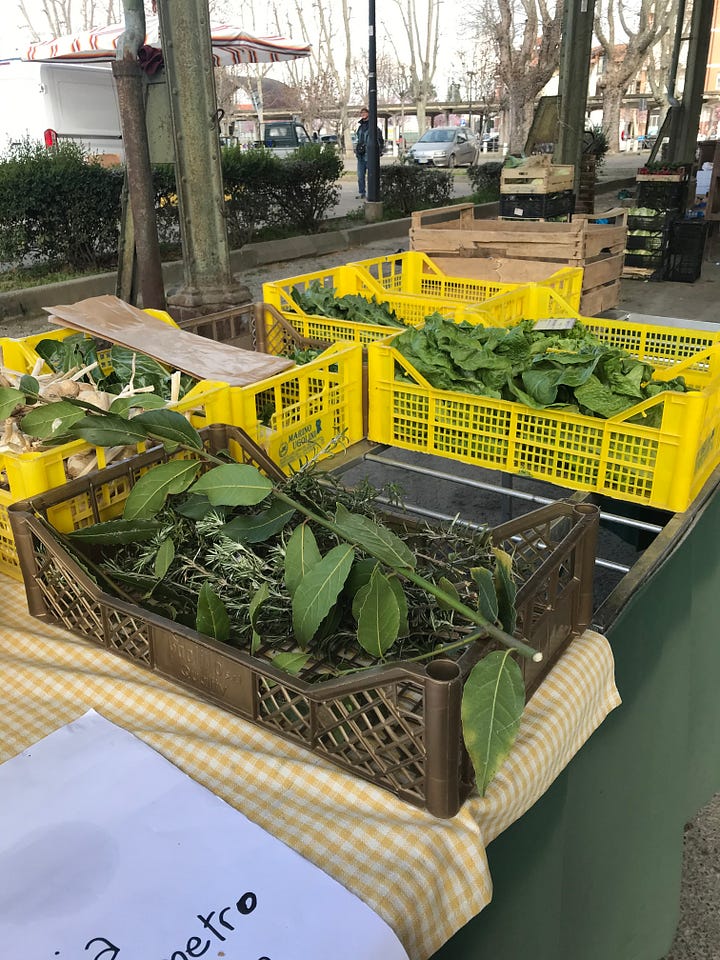 Images of a weekly Italian market, with lots of fresh produce and life