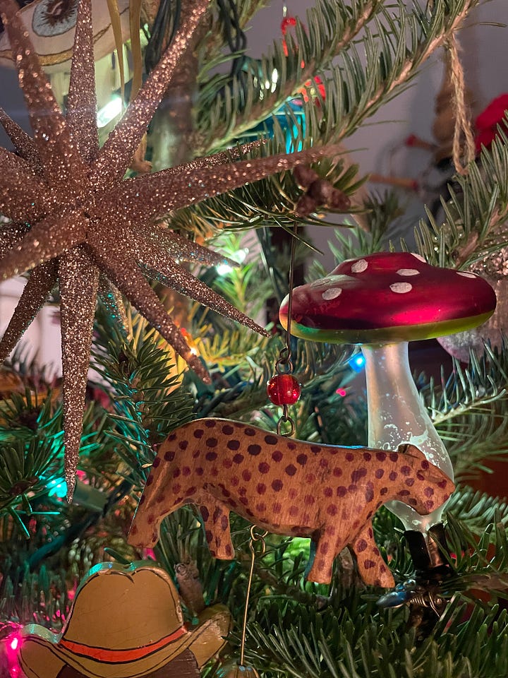 four photographs of a christmas tree, one close up, one with a young man placing the star on the top of the tree, and one of a grey cat playing with a string of lights