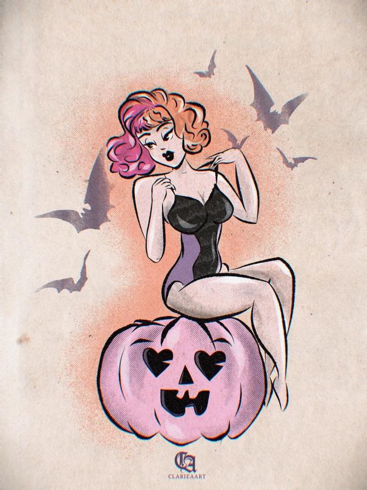 Image one: Ginger looks into the camera with a melancholic expression, red hair and bangs frame their face and end at her shoulders. Image Two: A caricature of ginger as a pin up, sitting a top of a pink pumpkin with heart eyes and bats in the background.