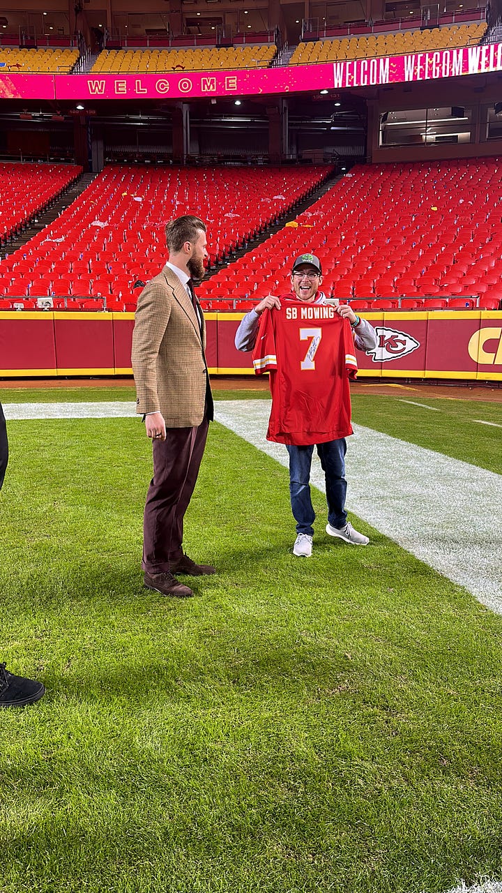 Left: Kansas City Chiefs kicker Harrison Butker honors Spencer B. with an "SB Mowing" Chiefs jersey. Right: Spencer B. gives the camera a thumbs up in his office.