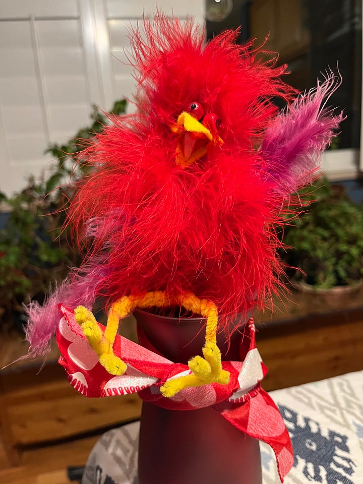 A super crazy red feathered bird.