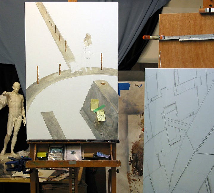 LEFT: Photo of SEAWALL (early work in progress) on an easel in the studio. A pair of post it notes are taped over the wedge of wall that rises in the inner circle of the seawall. The first reads "paint the kids." The second is unreadable. In the lower right of the photo, you can see the corner of a charcoal sketch of LUMEN 9. RIGHT: Closer view of SEAWALL (early work in progress). Only the concrete structures have been blocked in with rusty rebar jutting up: the that extends to the upper left, the low seawall curves inward to the foreground, a wedge of wall rises inside that circle, and another low line of wall runs parallel to it. 