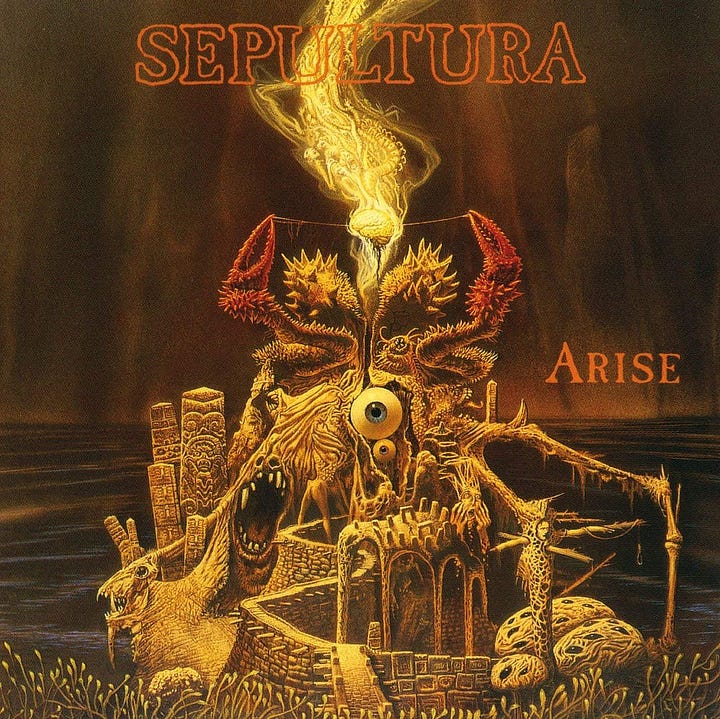 LEFT: Album cover for BENEATH THE REMAINS by Sepultura featuring the painting NIGHTMARE IN BLACK. RIGHT: Album cover for ARISE featuring the painting of the same title.