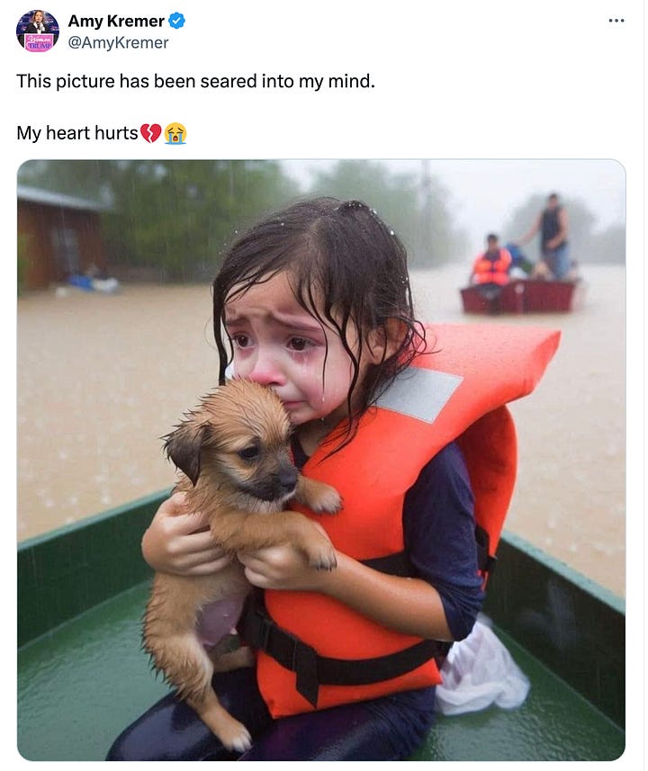 On the left: A tweet with an AI-generated image of a girl with a puppy in a life jacket in a boat. On the right: an excuse saying that the poster is leaving it up even though it's fake.