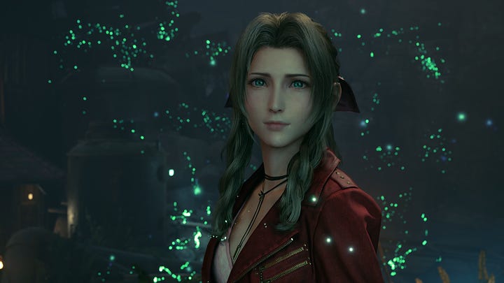 Parallel between Aerith intruding in Cloud's dream in her Resolution scene in Remake and after losing consciousness at the Temple of the Ancientsin the original game.