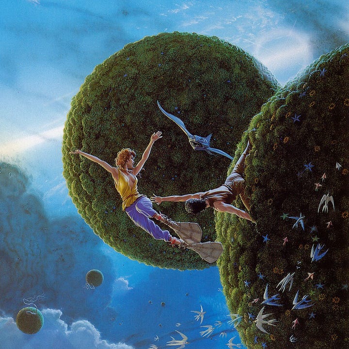 LEFT: Detail from the foreground of THE SMOKE RING featuring a man reaching out from a spherical puffball of plant matter to grab at a woman with swim flippers floating gravity free. A fishlike creature with wings glides above them. Aliens birds with four wings approach the sphere, possibly attracted by the starfish like organisms on its surface. RIGHT: Detail from the background of THE SMOKE RING featuring a dark cloud that flows like soup. Several small clusters of plant matter have a single rootlike tentacle growing out of them. Several buildings in various extended cube arrangements float past the darkness.