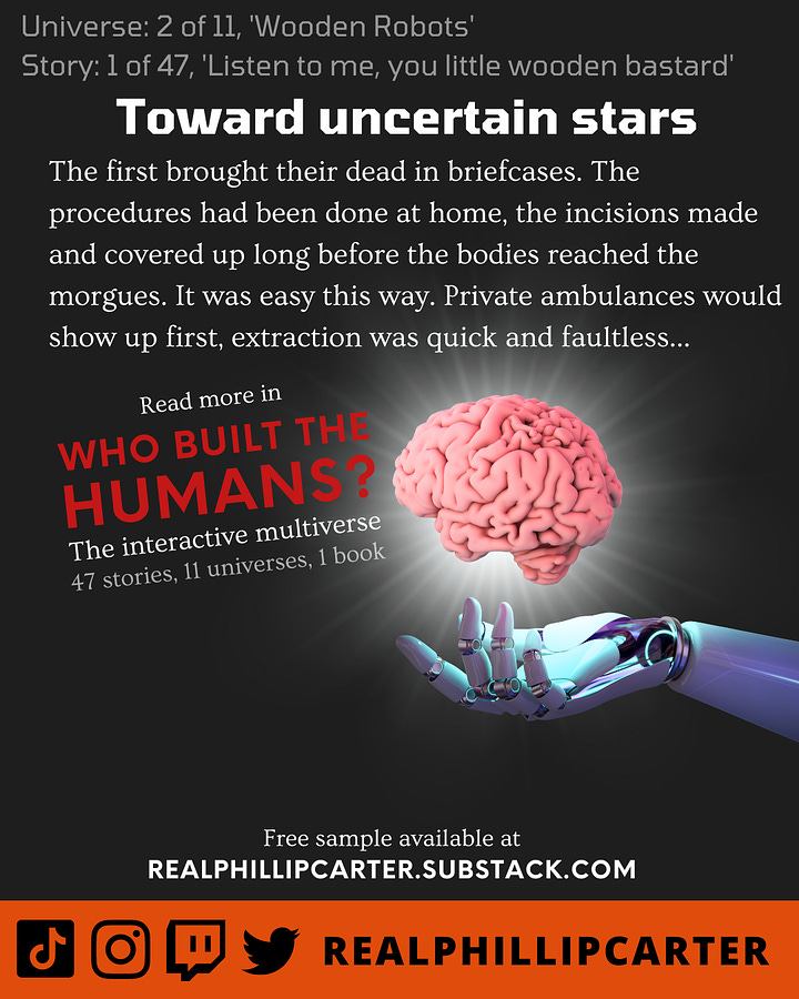 Social media graphics for Phillip Carter's instagram, depicting a robot hand holding a brain.