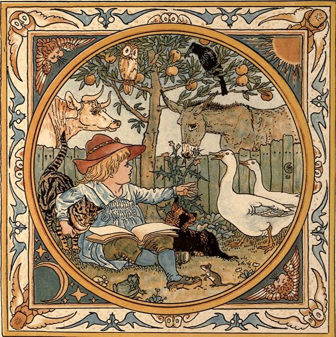 Two illustrations by Walter Crane - one of a boy feeding geese surrounded by a decorative border, and one of the tortoise and the hare.