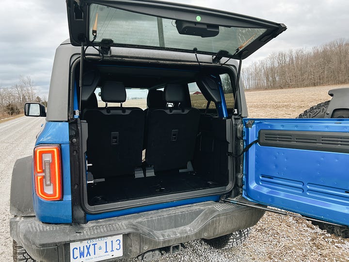 2022 ford bronco rear cargo area details including folding rear seats and accessory mount on tailgage