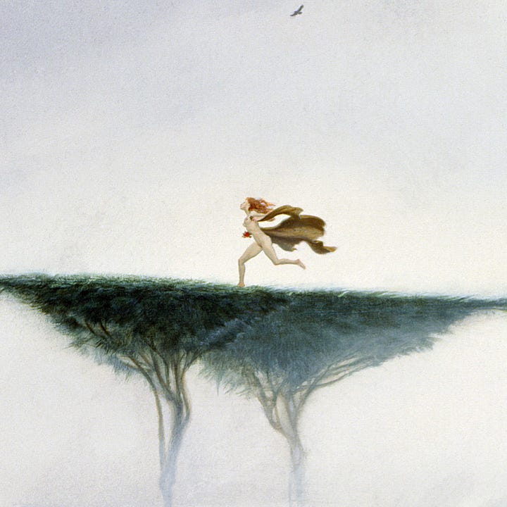 LEFT: Detail from THE END OF NATURE III featuring a redheaded woman with pale white skin running naked across flat top trees. As she leans forward in a sprint, one foot is planted while the other is fully off the ground. A brown cloak flaps behinds her. RIGHT: Close detail from THE END OF NATURE featuring a redheaded woman running naked across flat top trees. In her right hand, she clutches a red glass heart.