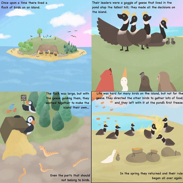 A comic by undergraduate student Bethany on a group of birds who ban together to make an island habitable