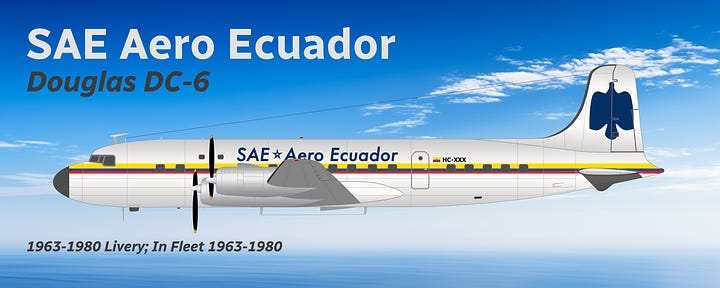 SAE Ecuador Douglas DC-3 (L) and Douglas DC-6 (R) in 1963-1980 livery, both shown in side view.