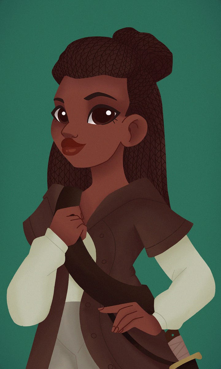 Cartoon-style art of Esme (looking sly and smiling), Ryber (looking stoic and sharp), Stix (looking brave and sailor-ly), and Vaness (looking powerful and glamorous)