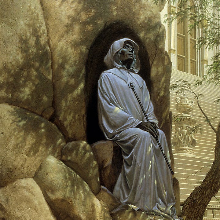 LEFT: Detail from NARROW WAY featuring a dark skinned man with blank eyes and white hair sitting with his back against the smooth face of rock. A tree casts soft shadows across the rock, but a void of black—clearly not shadow—forms an arch behind him. He sits with the posture and facial expression of a blind person. He holds a rod capped with an owl perched on ring that looks like an elongated crescent. RIGHT: Close detail featuring a dark skinned man with blank eyes and white hair sitting primly against the smooth face of rock with a tree casting soft shadows across it.