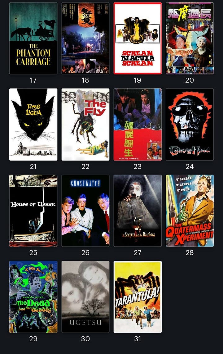 Thumbnails of the 31 horror films around which I intend to centre my October viewing