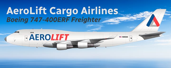 The current AeroLift Cargo Airlines fleet: 1) Boeing 747-400ERF, 2) Antonov An-124 Ruslan, 3) Boeing BC-17, 4) Lockheed Martin LM-100J Hercules.