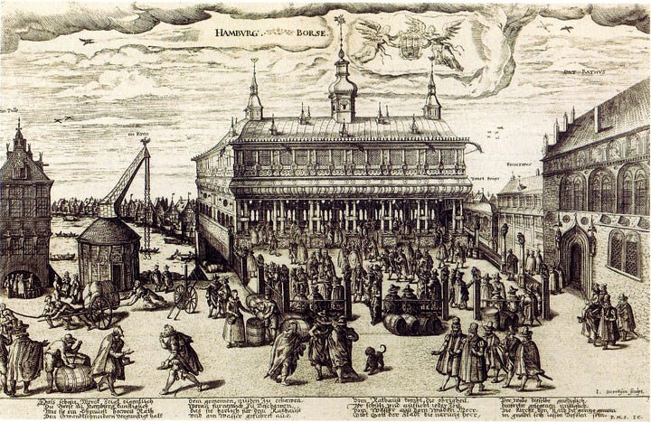 Paintings and drawings of 17th century Hamburg buildings, walls, and market square