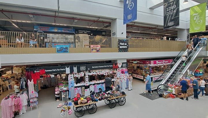 Barnsley Market exterior, The Glass Works. Interior wide, close ups of savoury duck and butchers counter showing cow heel