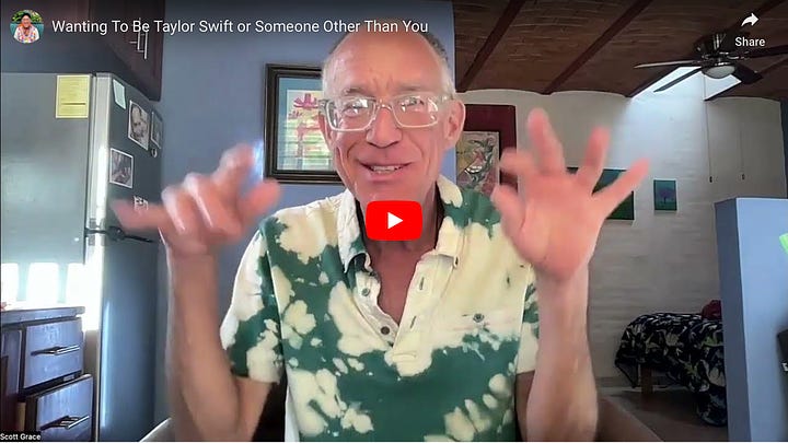 1: Screenshot of a Youtube video. The paused image from the video shows an older man in the middle of explanation, hands blurred and frozen mid-gesticulation. The title of the video at the top of the image reads: “Wanting To Be Taylor Swift or Someone Other Than You.” 2: Screenshot of a Youtube video. At the bottom of the image, the title of the video reads “Taylor Swift - behind the scenes of the 1989 tour”  The video has been paused on an image showing a black screen with white text. The text reads: “The 1989 World Tour stage was built exclusively for Taylor and features a one of a kind catwalk that was designed by Taylor and her team based on her desire to be as close as possible to as many fans as possible during the show.” 